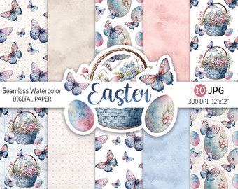 Easter Digital Paper Pack Watercolor Easter Seamless Pattern Printable Scrapbooking Paper Watercolor Pastel background Bird Egg Butterfly