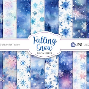 Pacchetto di carta digitale con fiocchi di neve invernali Carta per scrapbooking stampabile con neve ad acquerello Sfondo di neve che cade Modelli di cartoline di Natale digitali