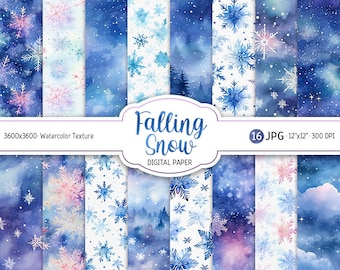 Winter Snowflake Digital Paper Pack Watercolor Snow Printable Scrapbooking Paper Falling snow background Digital Christmas Card Patterns