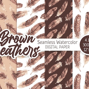 Brown Feather Aquarelle Digital Paper Pack Exotic Boho Seamless Pattern Boho Printable Easter background Baby shower boho texture