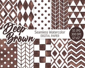 May include: Set of 10 digital papers featuring seamless watercolor patterns in deep brown and white. The patterns include geometric shapes, dots, and chevron designs.  10 JPG, 300 DPI, 12"x12"