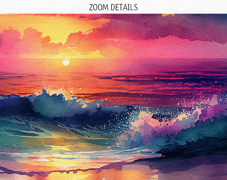 May include: A watercolor painting of a sunset over the ocean. The sky is a vibrant mix of pink, orange, and yellow, with clouds painted in a soft, hazy style. The ocean is a deep blue, with white waves crashing on the shore. The sun is setting in the distance, casting a warm glow over the scene.