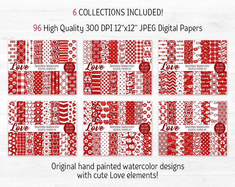 Red White Valentine Day Digital Paper Bundle Watercolor Love Seamless ...