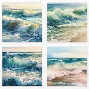 May include: Four watercolor paintings of ocean waves crashing on a sandy beach. The paintings are in shades of blue, green, and white.