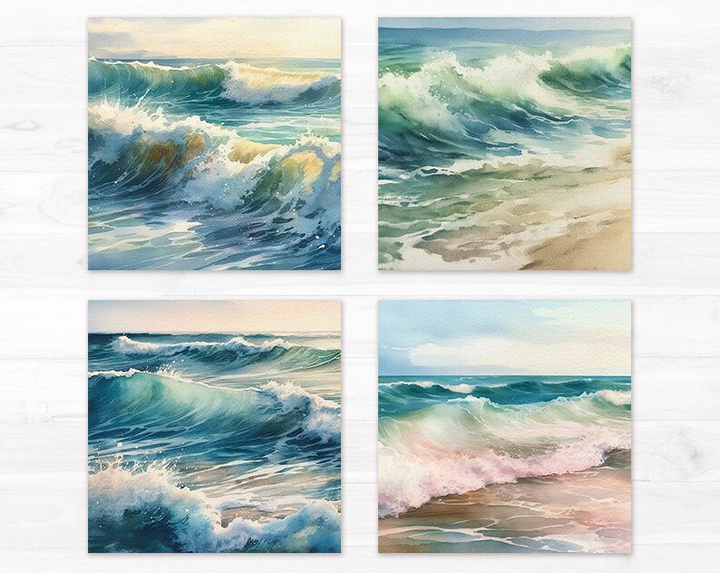 May include: Four watercolor paintings of ocean waves crashing on a sandy beach. The paintings are in shades of blue, green, and white.