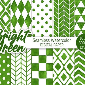 Op de afbeelding: Tien digitale papierontwerpen in felgroen en wit met geometrische patronen, stippen en chevronpatronen. Naadloze aquarelpatronen zijn 30,5 cm bij 30,5 cm en 300 DPI.