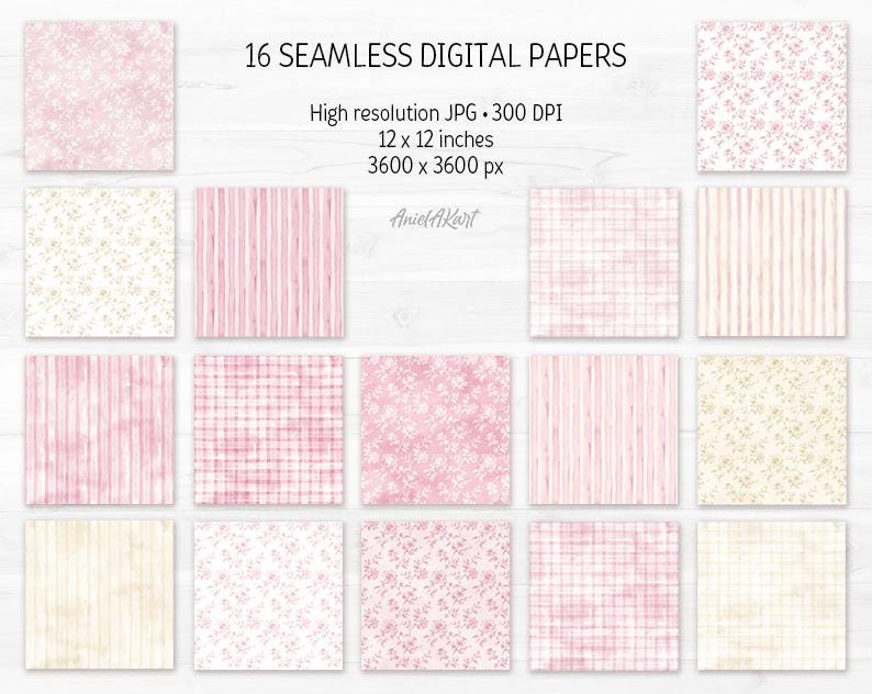 Pink Toile Digital Paper Coquette Seamless Patterns Floral Watercolor ...