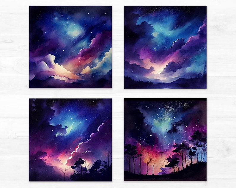 Night Sky Digital Paper Pack Watercolor Clouds Printable Scrapbooking ...