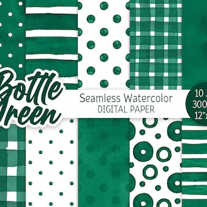Bottle Green Seamless Pattern Watercolor Polka Dot Digital Paper Pack Printable Green background Watercolor Stripes Check scrapbook paper
