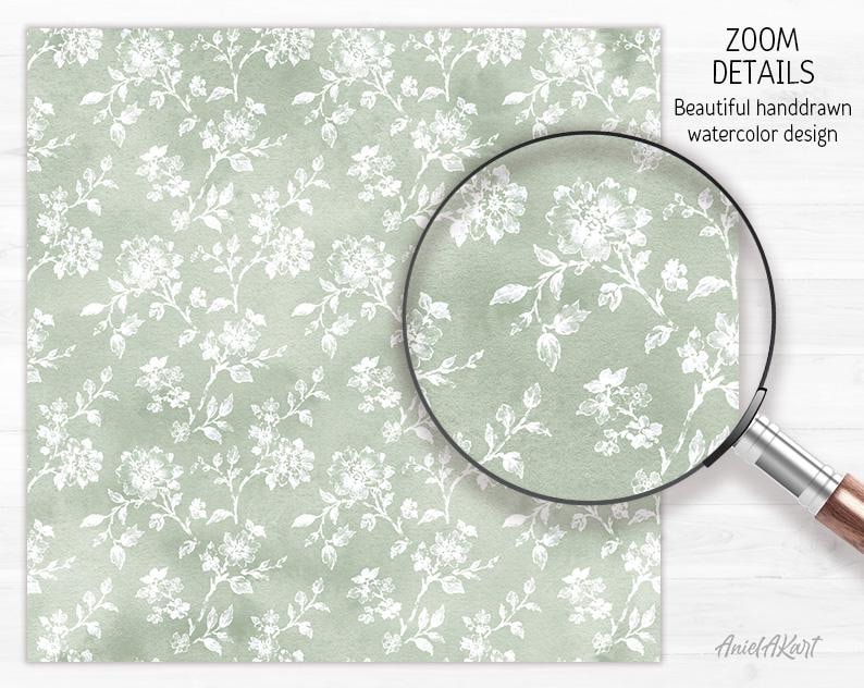 Green Toile Watercolor Digital Paper Pack Sage Boho Floral Seamless ...