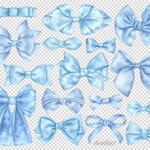 May include: A set of 13 watercolor illustrations of blue bows in various sizes and styles. The bows are perfect for adding a touch of elegance to any project.