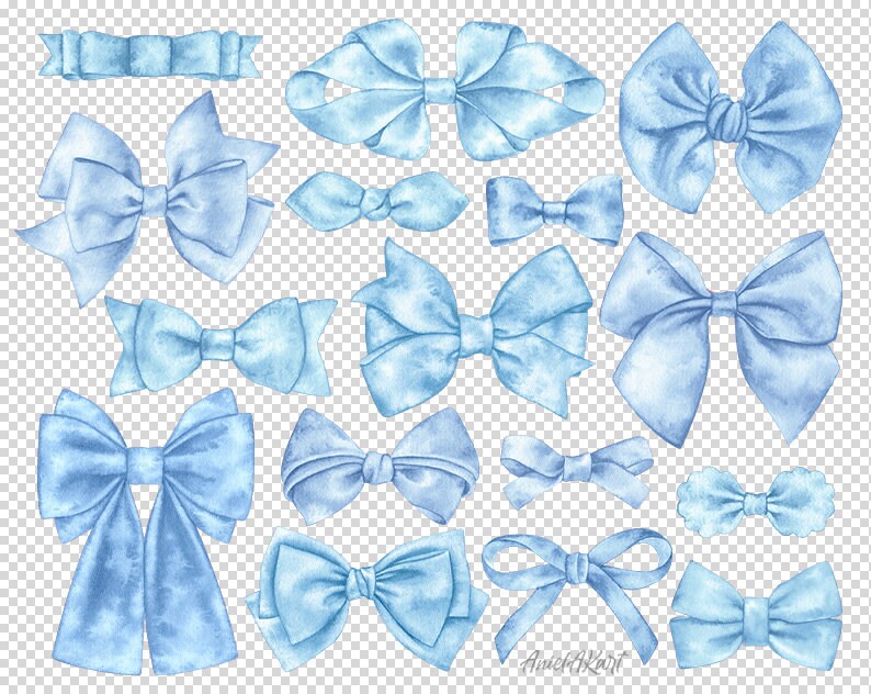 May include: A set of 13 watercolor illustrations of blue bows in various sizes and styles. The bows are perfect for adding a touch of elegance to any project.