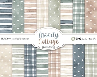 Akvarell, stämningsfull stuga, digitalt papperspaket, vintage sömlöst mönster, prickigt utskrivbart scrapbookingpapper, ränder, bakgrund, retro gingham