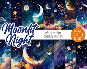 Moonlit Night Digital Paper Pack Watercolor Galaxy Moon Printable Scrapbooking Paper Stars Sky Celestial background Invitations commercial
