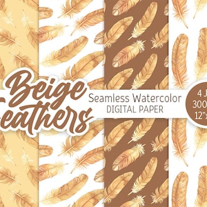 Beige Feder Aquarell Digital Paper Pack Exotisches Boho Nahtloses Muster Boho Druckbare Hochzeit Hintergrund Baby Shower Girl Textur