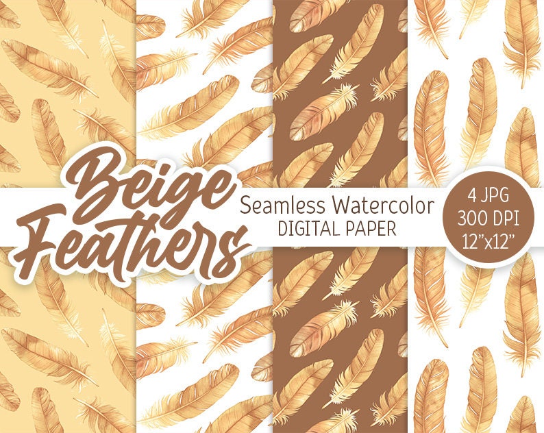 Beige Feather Watercolor Digital Paper Pack Exotic Boho Seamless ...