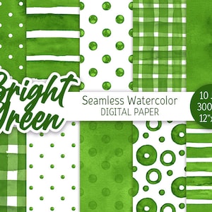 Bright Green Seamless Pattern Watercolor Polka Dot Digital Paper Pack Printable Green background Watercolor Stripes texture scrapbook paper