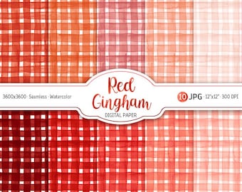 Röd gingham akvarell bakgrund scharlakansröd ombre digitalt papperspaket sömlöst mönster röd pläd utskrivbar scrapbookingpappersdesign nedladdning