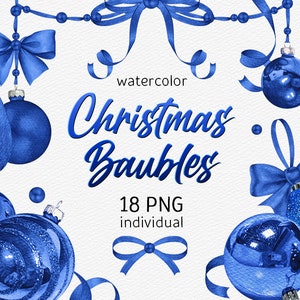 Christmas clipart Watercolor Ribbon Clipart Christmas Decor Blue baubles Individual Blue Balls bow holiday essentials winter clipart