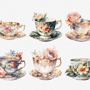 May include: Six vintage teacups with floral designs and gold accents. Each cup is on a matching saucer with a floral pattern. The cups are filled with flowers.