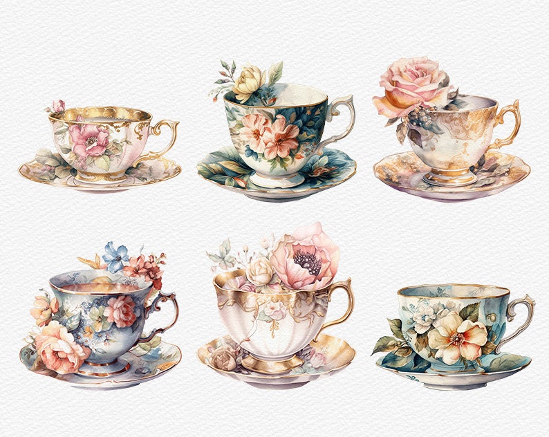 May include: Six vintage teacups with floral designs and gold accents. Each cup is on a matching saucer with a floral pattern. The cups are filled with flowers.