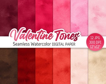 Watercolor Valentine Day Digital Paper Pack Pink Hues Seamless Pattern Printable Scrapbooking Paper Red Love background tones decor texture