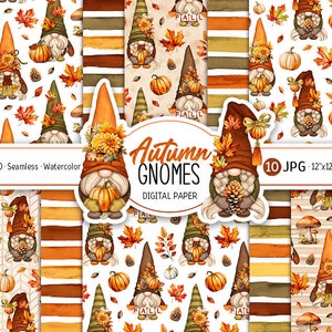 Fall Gnomes Digital Paper Pack Watercolor Gnome Seamless Pattern Cute Cartoon Printable Autumn Pumpkin Scrapbooking Paper Fall background