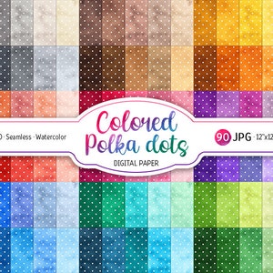 Lot de 90 papiers numériques à pois, fond arc-en-ciel, aquarelle, petits pois, motif transparent, scrapbooking imprimable, usage Commercial