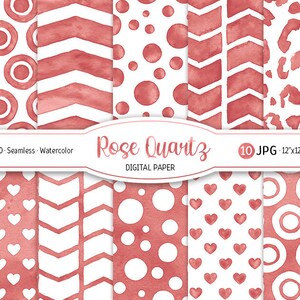 May include: Set of 10 digital papers in a rose quartz color with various patterns including circles, hearts, and chevron designs. The papers are 12 inches by 12 inches and 300 DPI.