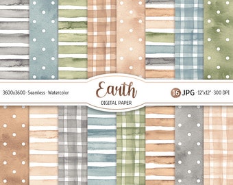 Watercolor Earth Tones Digital Paper Pack Neutral Boho Seamless Pattern Polka dot Printable Scrapbooking Paper Stripes background Gingham