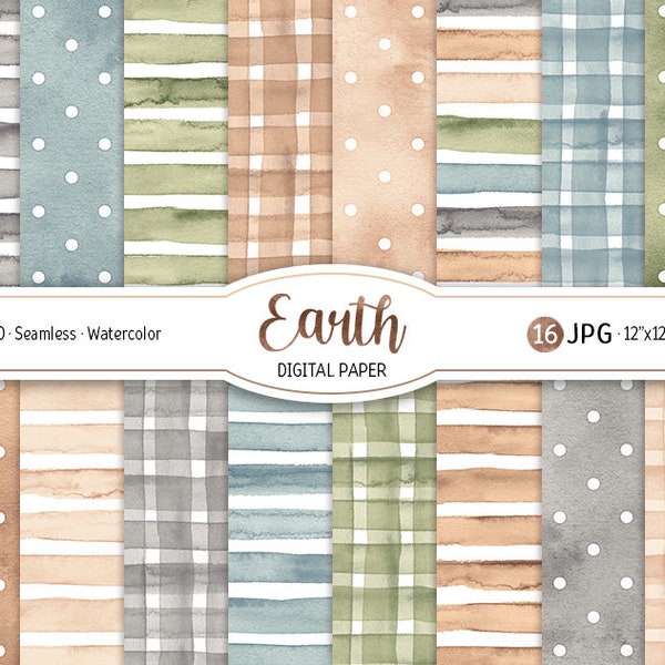 Watercolor Earth Tones Digital Paper Pack Neutral Boho Seamless Pattern Polka dot Printable Scrapbooking Paper Stripes background Gingham