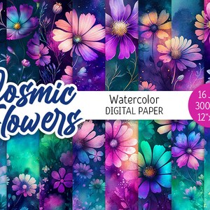 Cosmic Flowers Digital Paper Pack Watercolor Night Flower Printable Scrapbooking Paper Colorful Floral background Invitations commercial use