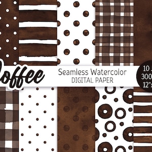Café Marron Sans couture Motif Aquarelle Polka Dot Digital Paper Pack Imprimable Scrapbooking Papier Aquarelle Brun foncé Rayures Arrière-plan