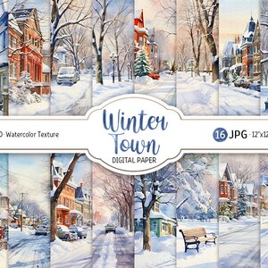 Pacchetto di carta digitale invernale per acquerello Città invernale Carta stampabile per scrapbooking Paesaggio urbano invernale Sfondo natalizio Download per uso commerciale
