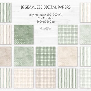May include: Sixteen seamless digital papers with various patterns, including stripes, polka dots, and gingham checks. The papers are in shades of green, beige, and white. Each paper is 12 x 12 inches and has a high resolution of 300 DPI.