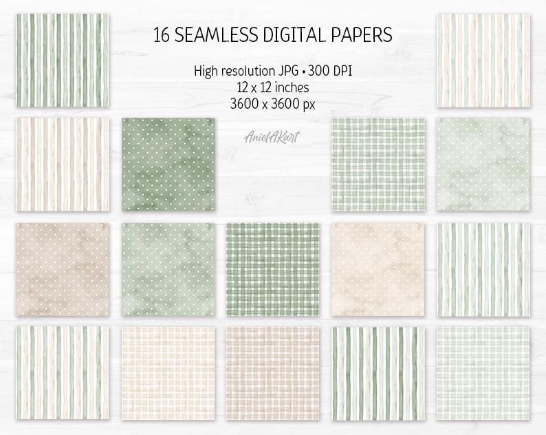 May include: Sixteen seamless digital papers with various patterns, including stripes, polka dots, and gingham checks. The papers are in shades of green, beige, and white. Each paper is 12 x 12 inches and has a high resolution of 300 DPI.