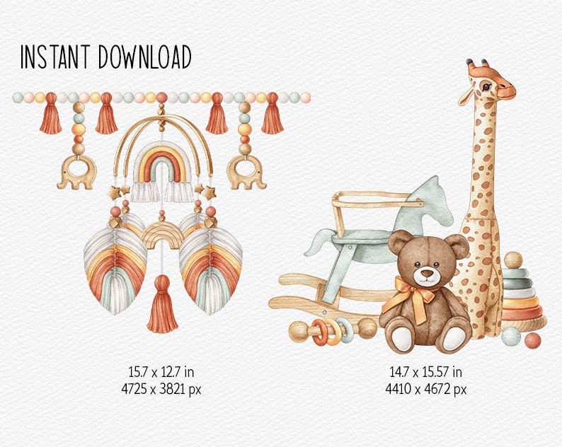 Baby Toys Watercolor Clipart Boho Nursery PNG Baby Shower Neutral ...