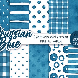 Prussian Blue Seamless Pattern Watercolor Polka Dot Digital Paper Pack Party Printable background Watercolor Stripes texture scrapbook paper