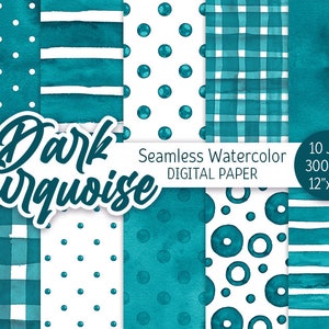 Op de afbeelding: Tien digitale papierontwerpen in een donker turquoise kleur. De ontwerpen omvatten stippen, strepen en ruitjespatronen. De papieren zijn 30,48 cm bij 30,48 cm en 300 DPI.