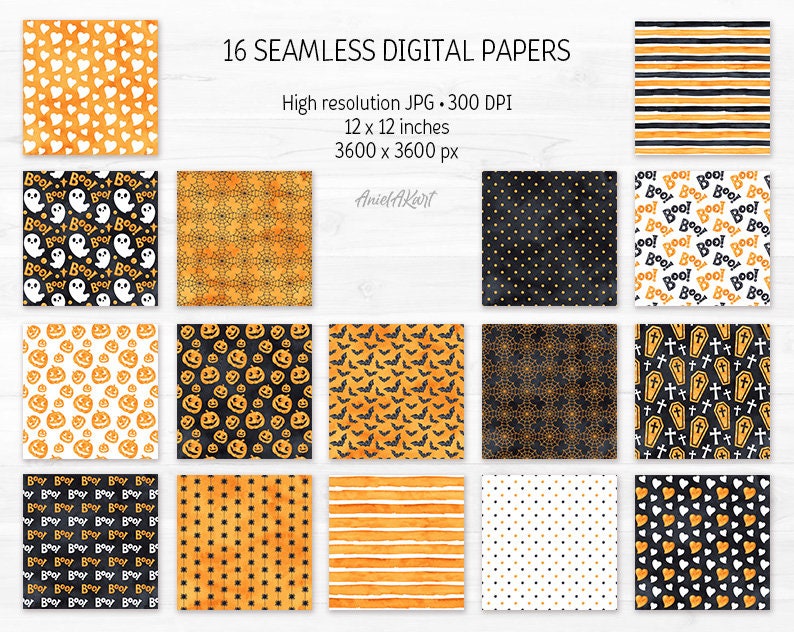 Orange Black Halloween Digital Paper Pack Watercolor Seamless Pattern ...