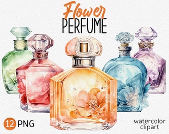 Acuarela flor Perfume botellas Clipart Pastel Perfume PNG paquete moda Clip Art belleza ilustración descarga instantánea uso comercial