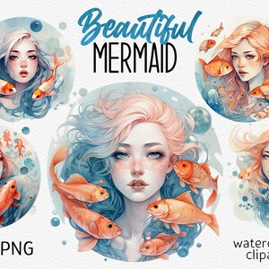 Watercolor Mermaid Clipart Little Mermaid PNG Scrapbooking bundle PNG Cute Fantasy Underwater PNG Birthday digital download commercial use