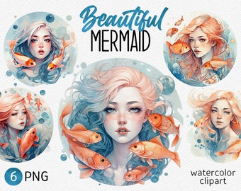 Acquerello sirena Clipart Sirenetta PNG Scrapbooking bundle PNG Cute Fantasy Underwater PNG Compleanno download digitale uso commerciale