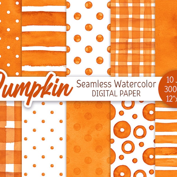 Pumpkin Orange Seamless Pattern Watercolor Polka Dot Digital Paper Pack Printable Scrapbooking Paper Watercolor Stripes Fall texture 12x12