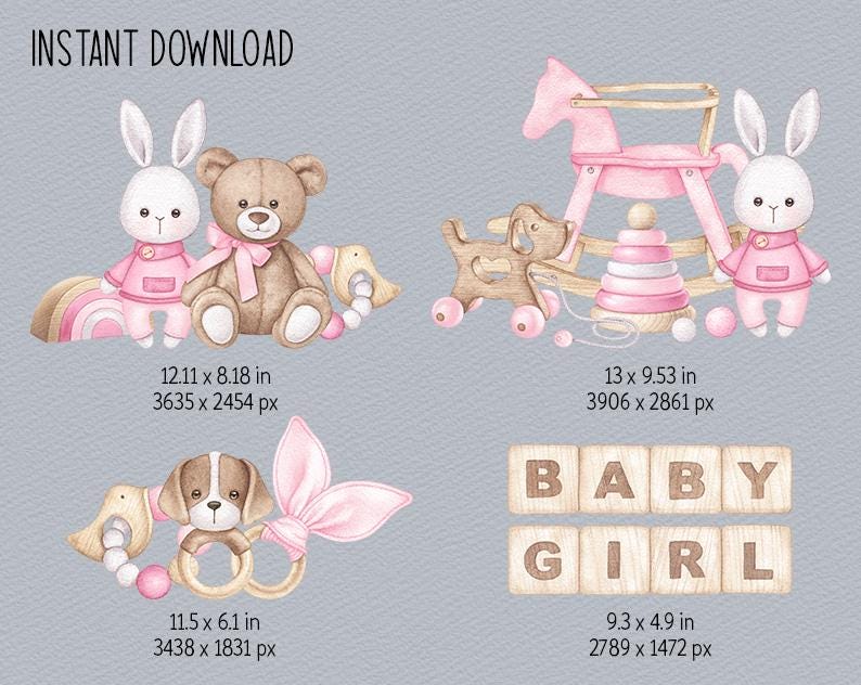 Baby Girl Watercolor Clipart Boho Nursery PNG Pink Baby Shower Clipart ...