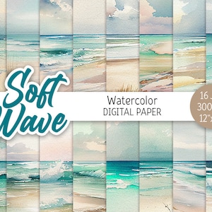 Watercolor Ocean Wave Digital Paper Pack Summer Beach Printable Scrapbooking Paper Seascape Wedding background Invitations digital download image 1