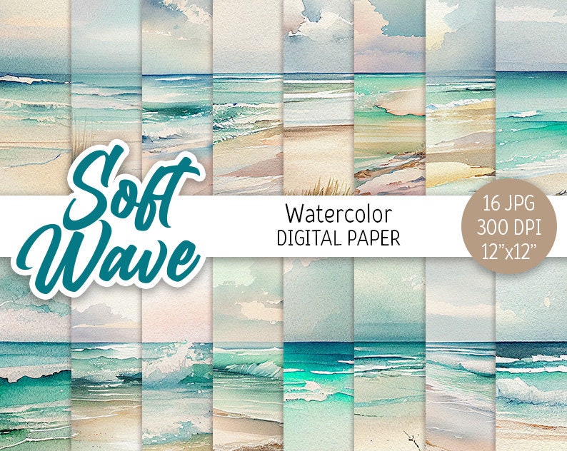 Watercolor Ocean Wave Digital Paper Pack Summer Beach Printable Scrapbooking Paper Seascape Wedding background Invitations digital download image 1