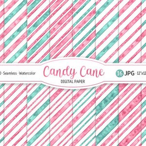 Pack de papier numérique rayures turquoise et rose bonbon aquarelle transparente motif menthe poivrée Noël fond papier de scrapbooking imprimable