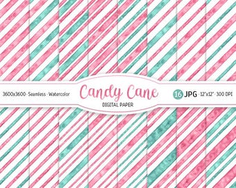May include: Watercolor digital paper with a candy cane pattern. The design features diagonal stripes in pink and teal on a white background. The text "Candy Cane DIGITAL PAPER" is displayed in a banner across the image. The image is 12"x12" at 300 DPI.