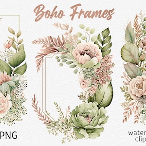 Aquarelle Boho Floral cadre Clipart fleur couronne Boho mariage PNG Boho Sublimation mariage Invitation PNG Téléchargement instantané commercial